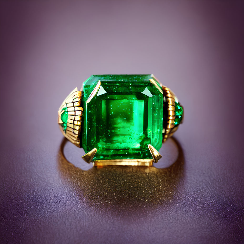 Emerald Cut Gemstone Ring on Golden Band with Decorative Elements
