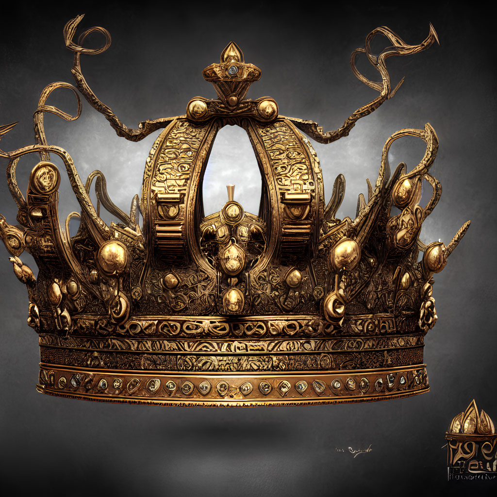 Intricate Golden Crown with Filigree and Cross on Dark Background
