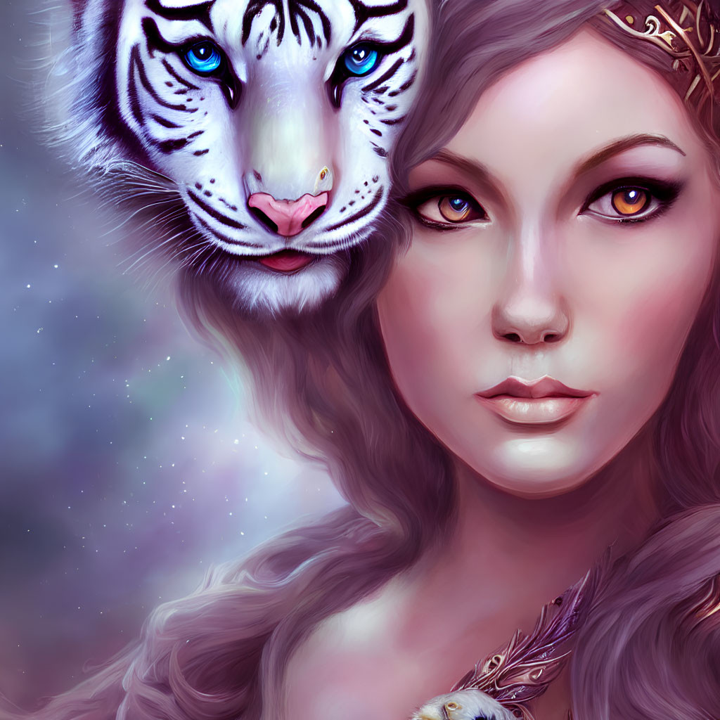 Portrait of a woman with a white tiger, both exuding power and elegance