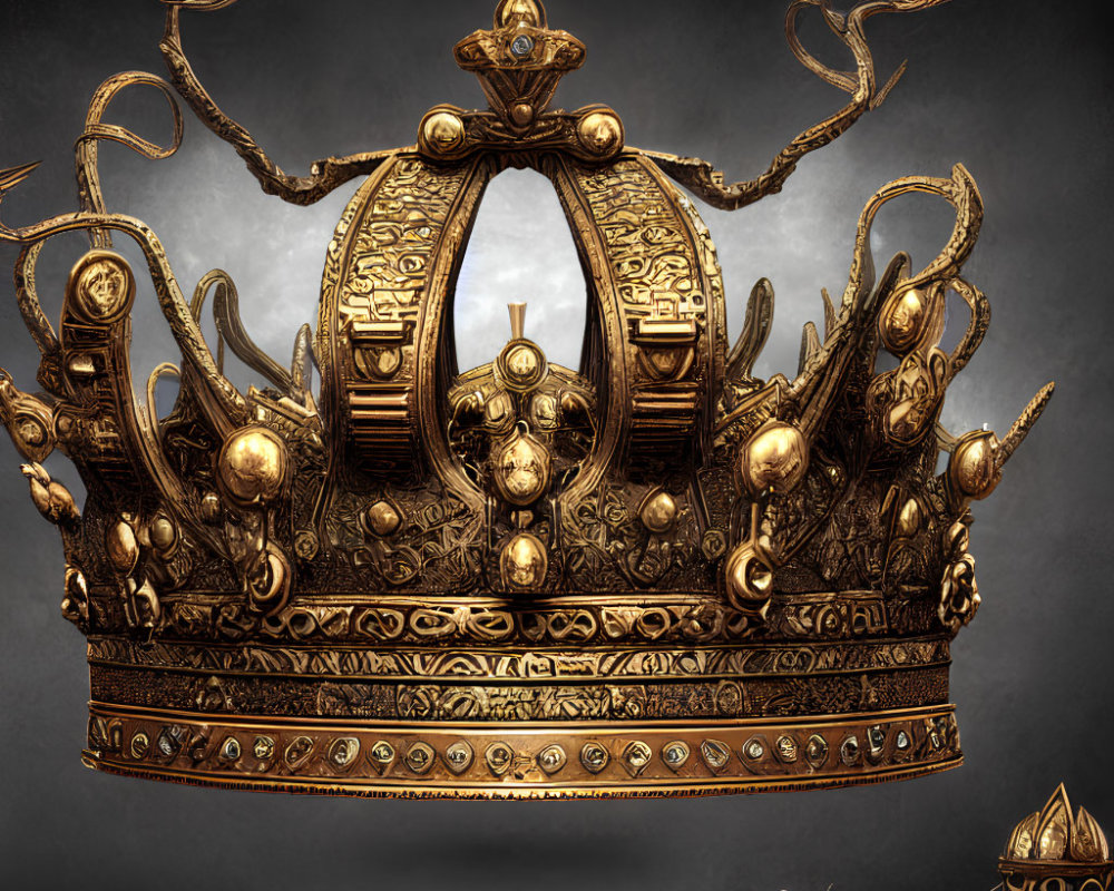 Intricate Golden Crown with Filigree and Cross on Dark Background