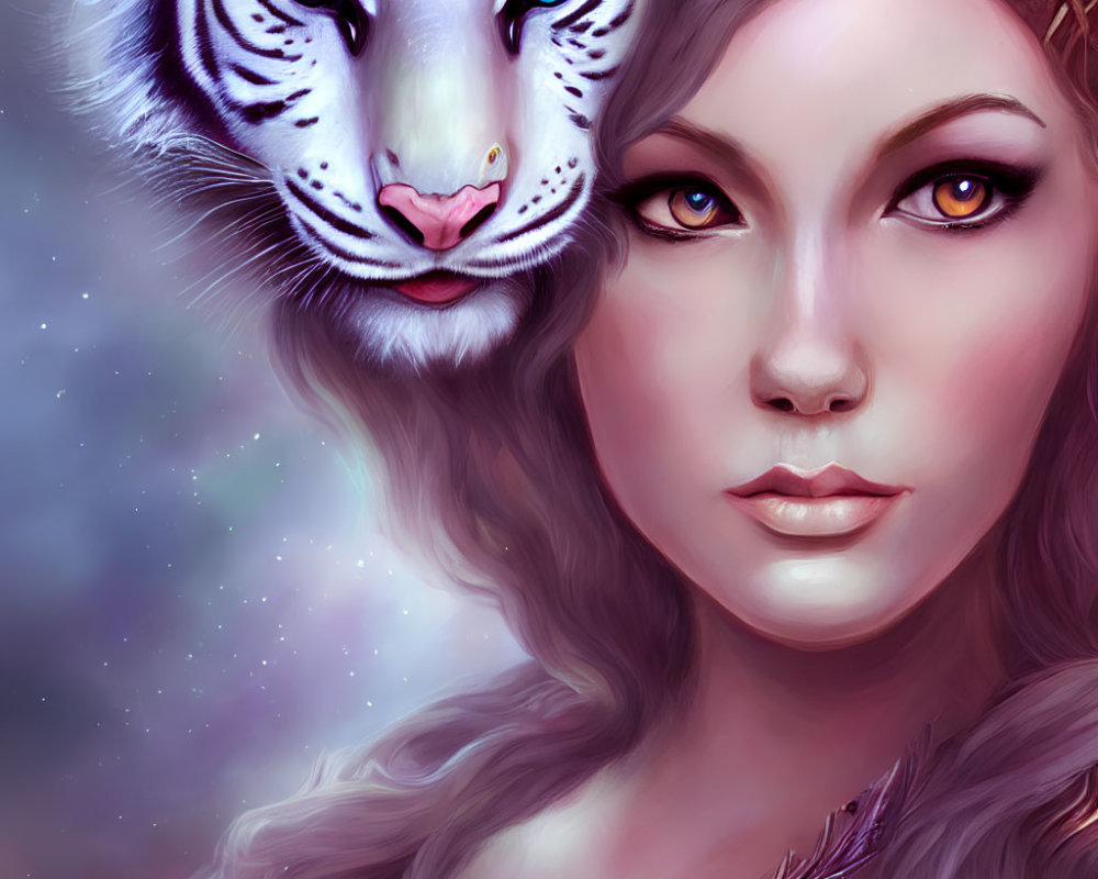 Portrait of a woman with a white tiger, both exuding power and elegance
