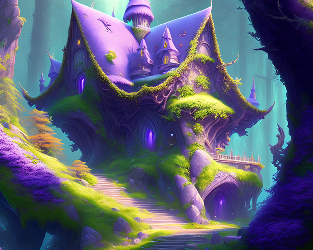 Purple Fantasy Castle on Giant Tree in Mystical Forest