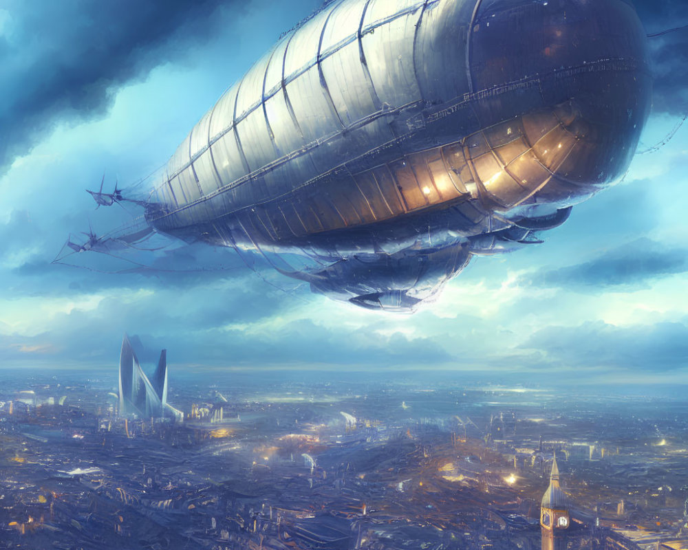Futuristic airship over modern cityscape with skyscrapers
