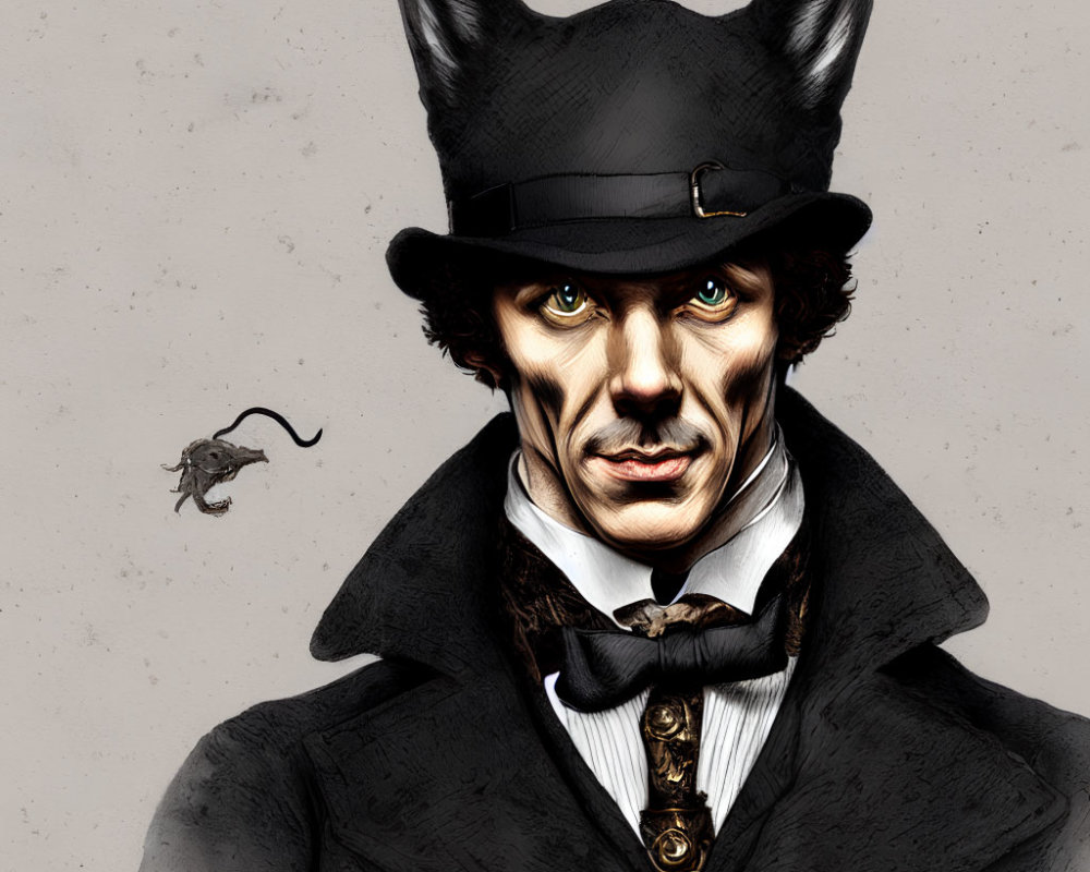 Victorian gentleman with fox head and mouse companion illustration