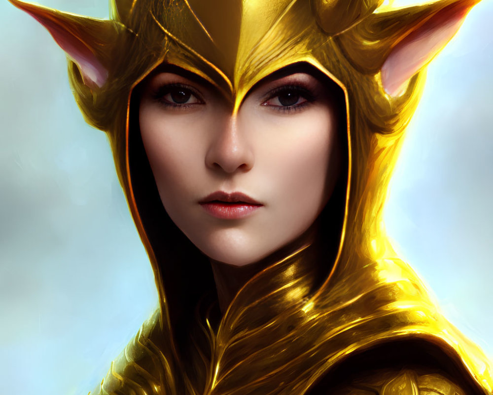 Piercing gaze of woman in golden armor with elf-like features