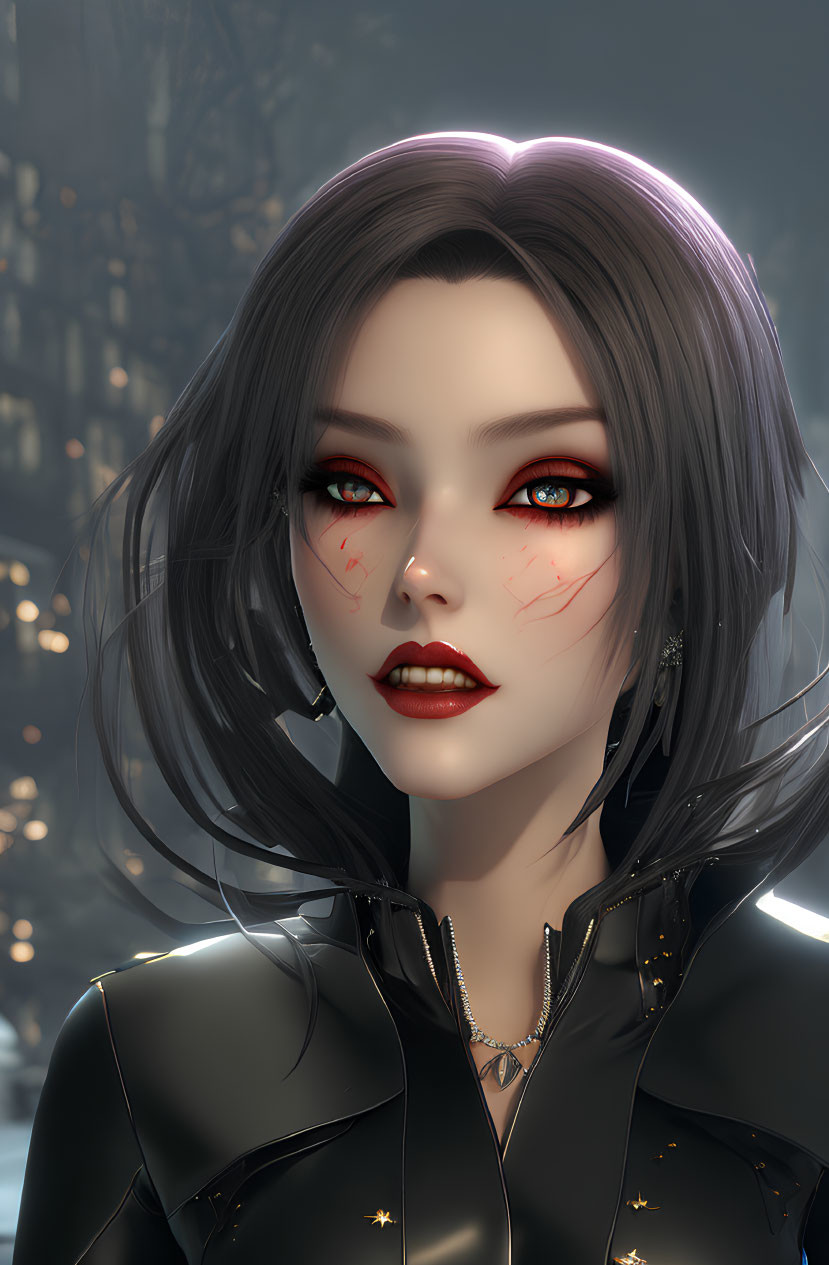 Digital artwork of woman with red eyes, black hair, purple hues, light skin, freckles