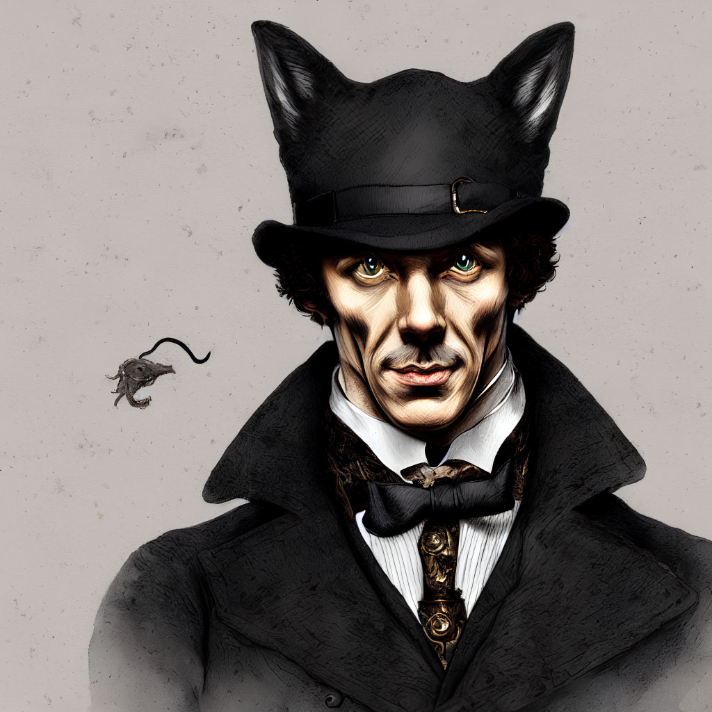 Victorian gentleman with fox head and mouse companion illustration
