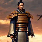 Ancient Asian warrior in traditional armor under dramatic sky
