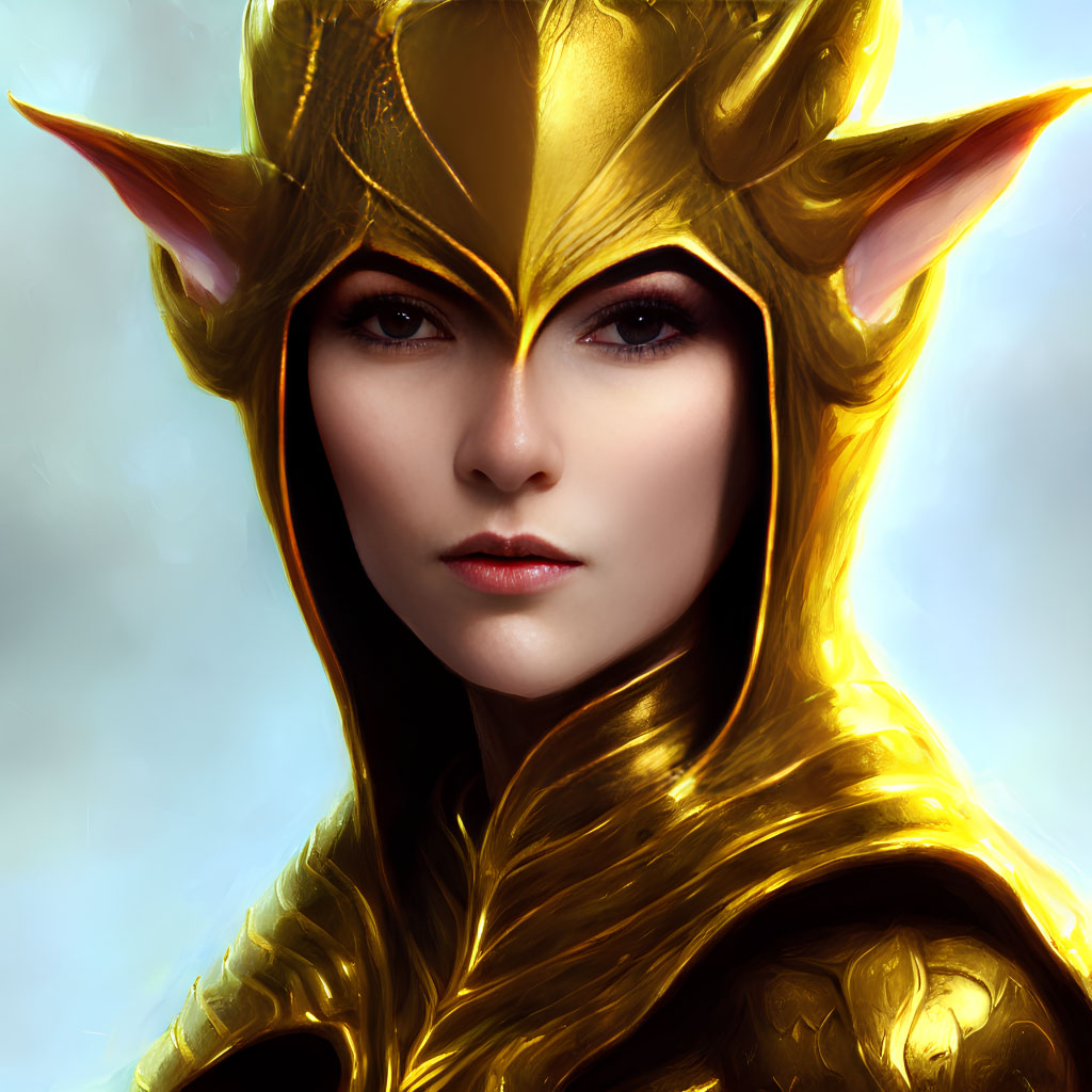 Piercing gaze of woman in golden armor with elf-like features