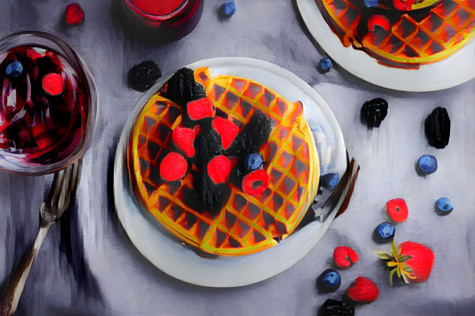 plate of waffles with berry syrup