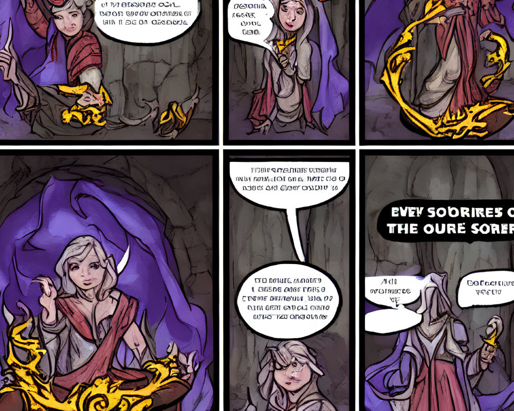 Purple-cloaked sorceress casting fiery spell in comic strip