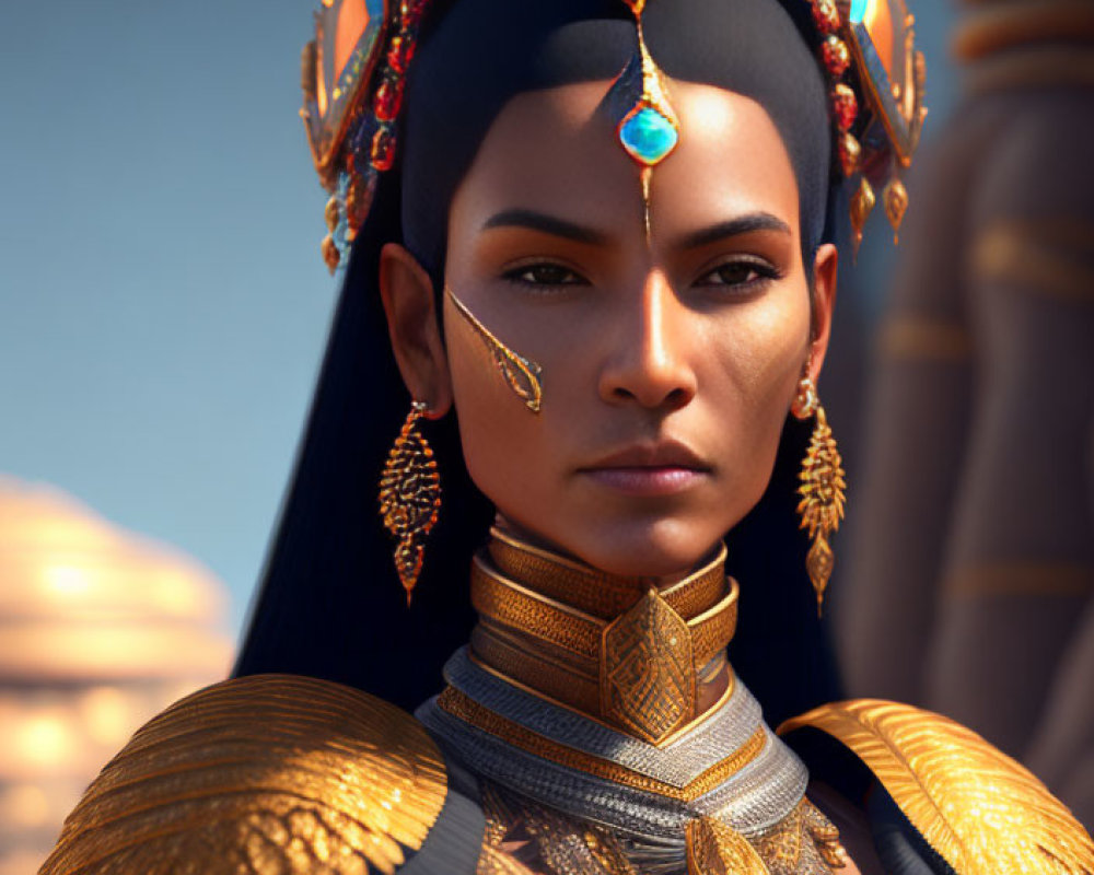 3D-rendered woman in regal attire with golden headdress and armor in desert setting