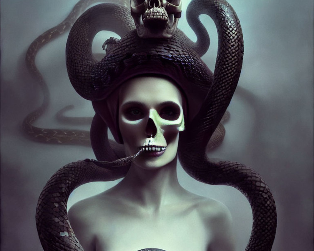 Woman in skull makeup with hat, snake creates haunting aura