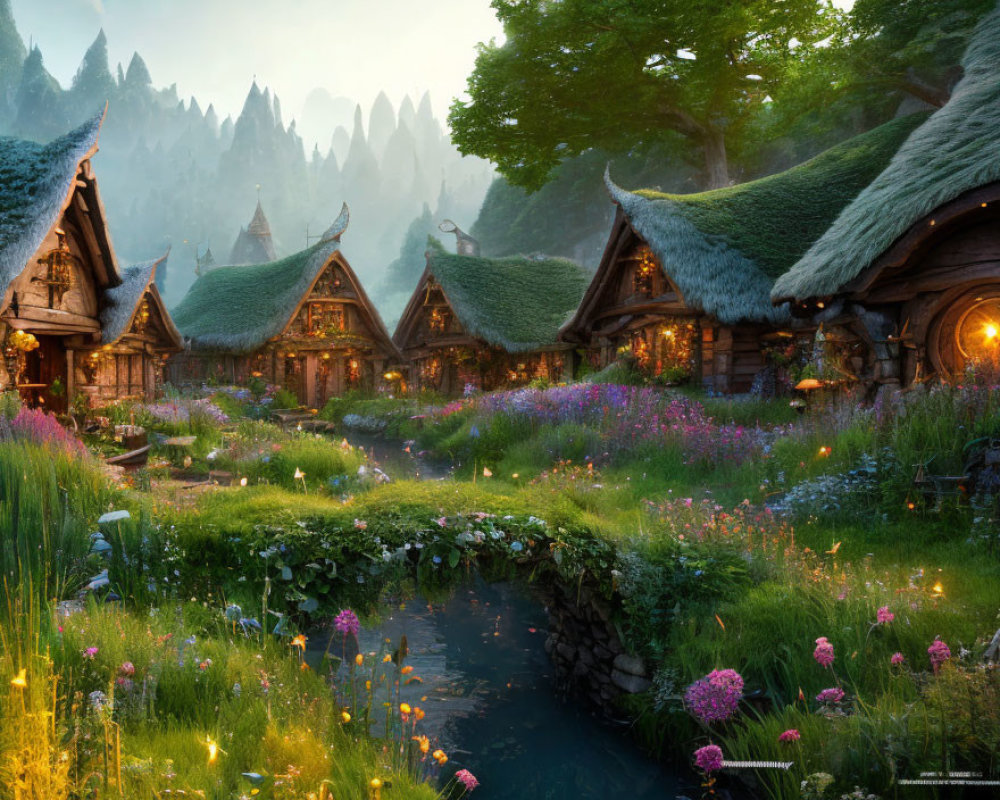 Twilight fairytale village with thatched-roof cottages & lush meadows