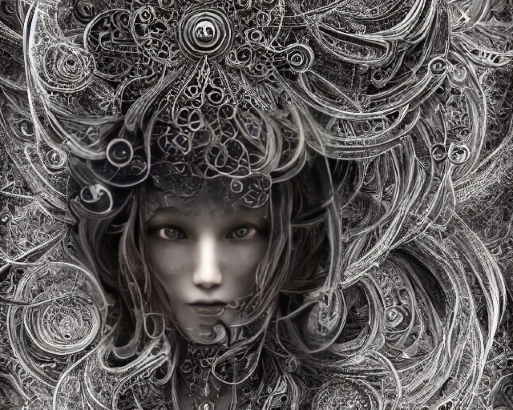 Monochromatic digital artwork of mystical figure with intricate headpiece and attire