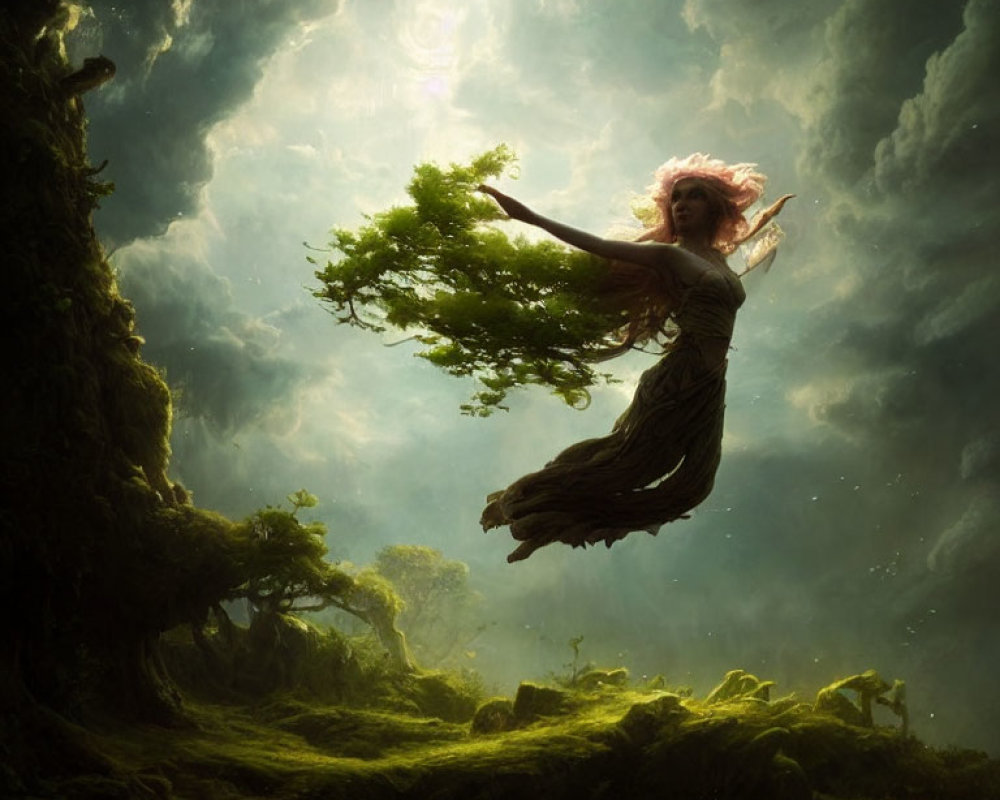 Levitating woman with flowing hair in mystical forest under luminous sky