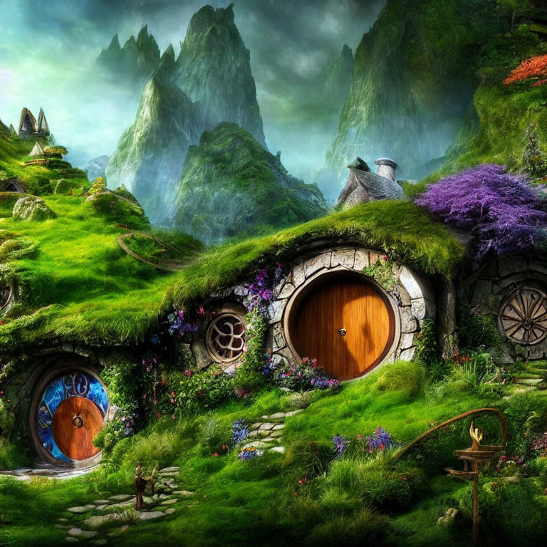 Whimsical hobbit-style houses in lush green landscape