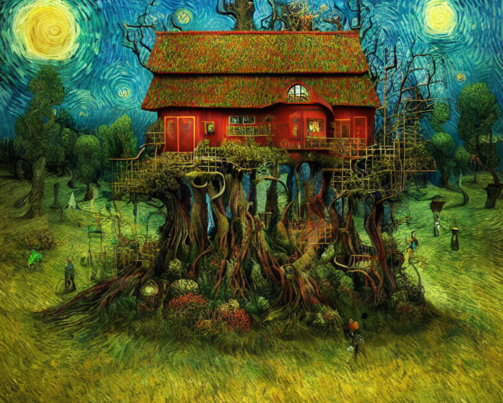 Colorful illustration: Red house on twisted tree roots under starry sky
