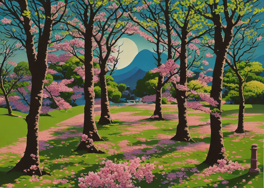Vibrant cherry blossom park with pink trees, green grass, and blue mountain landscape