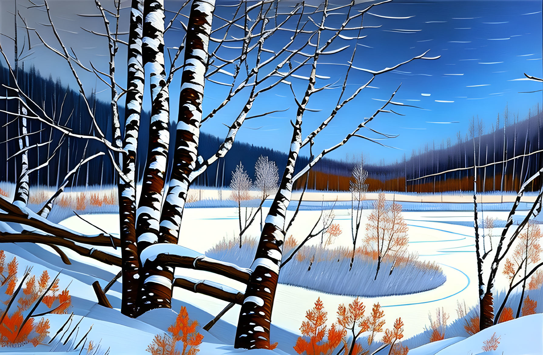 Winter landscape with birch trees, frozen river, and forested hills