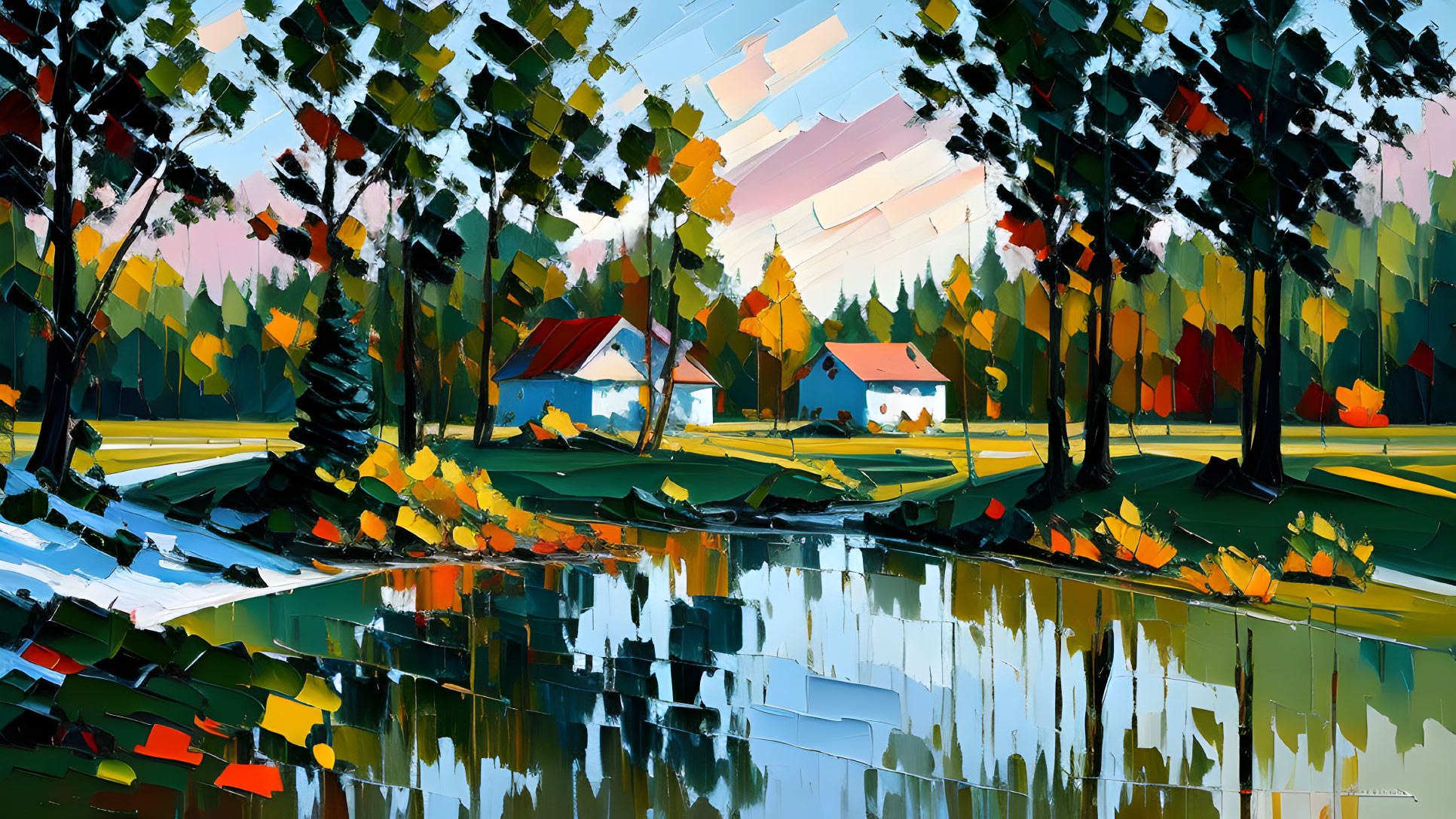 Serene autumn landscape painting with reflective lake surface