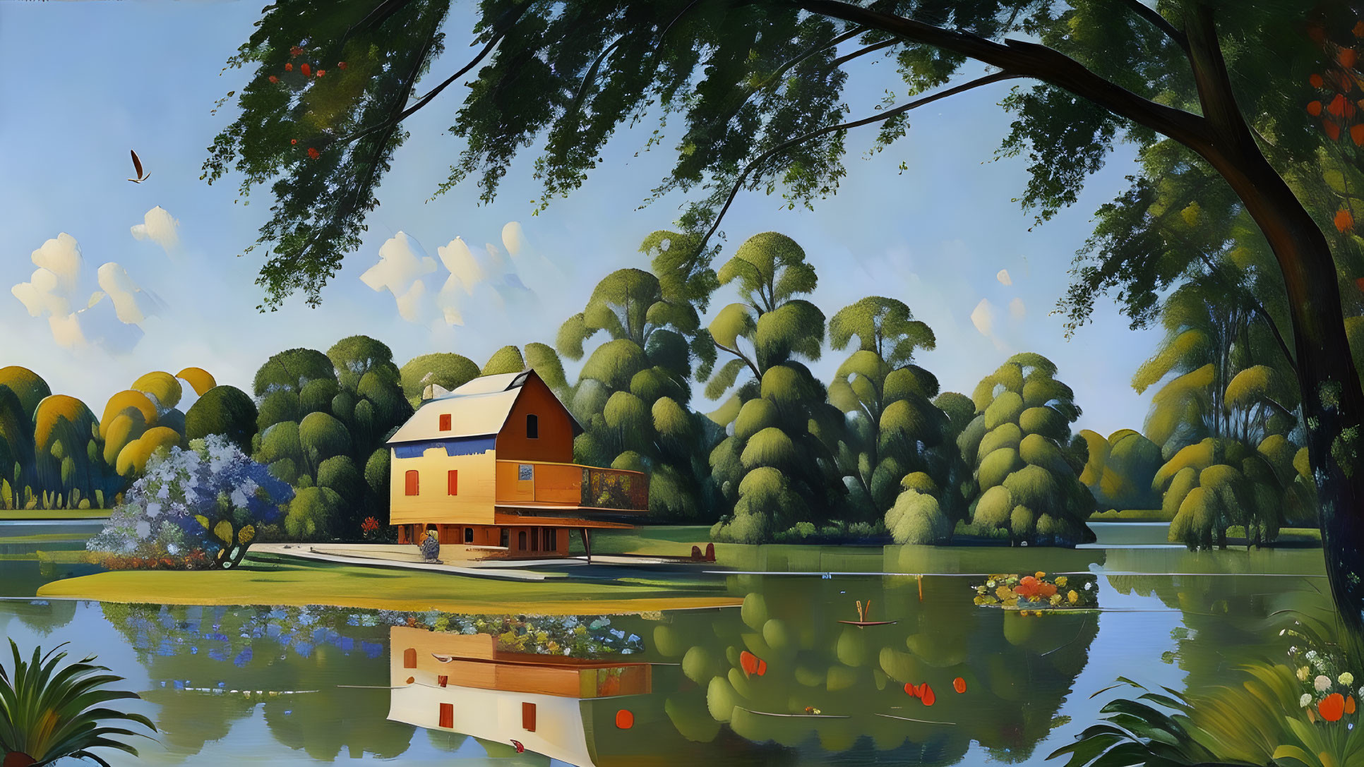 Tranquil landscape: house by calm lake, lush trees, clear sky & reflections