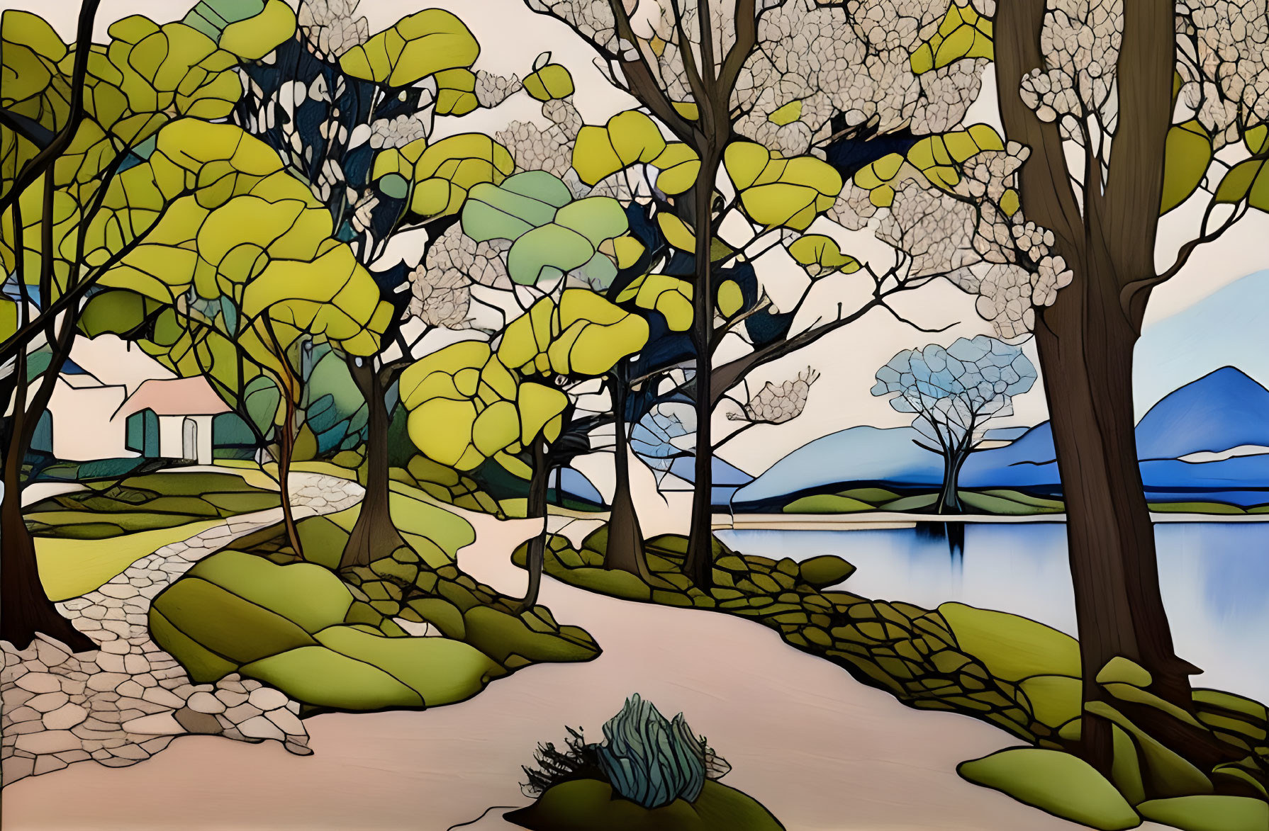 Colorful Trees & Cottage by the Lake: Stylized Artwork of Tranquil Scene