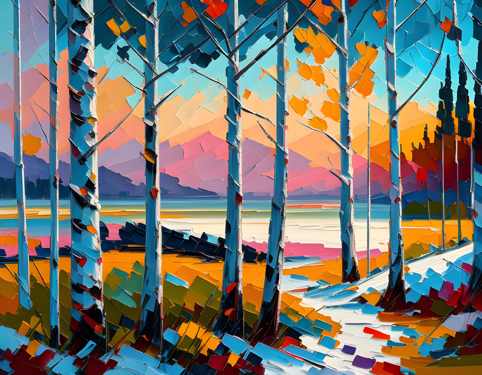 Abstract forest painting with slender trees, autumn leaves, serene lake, and colorful sunset sky.