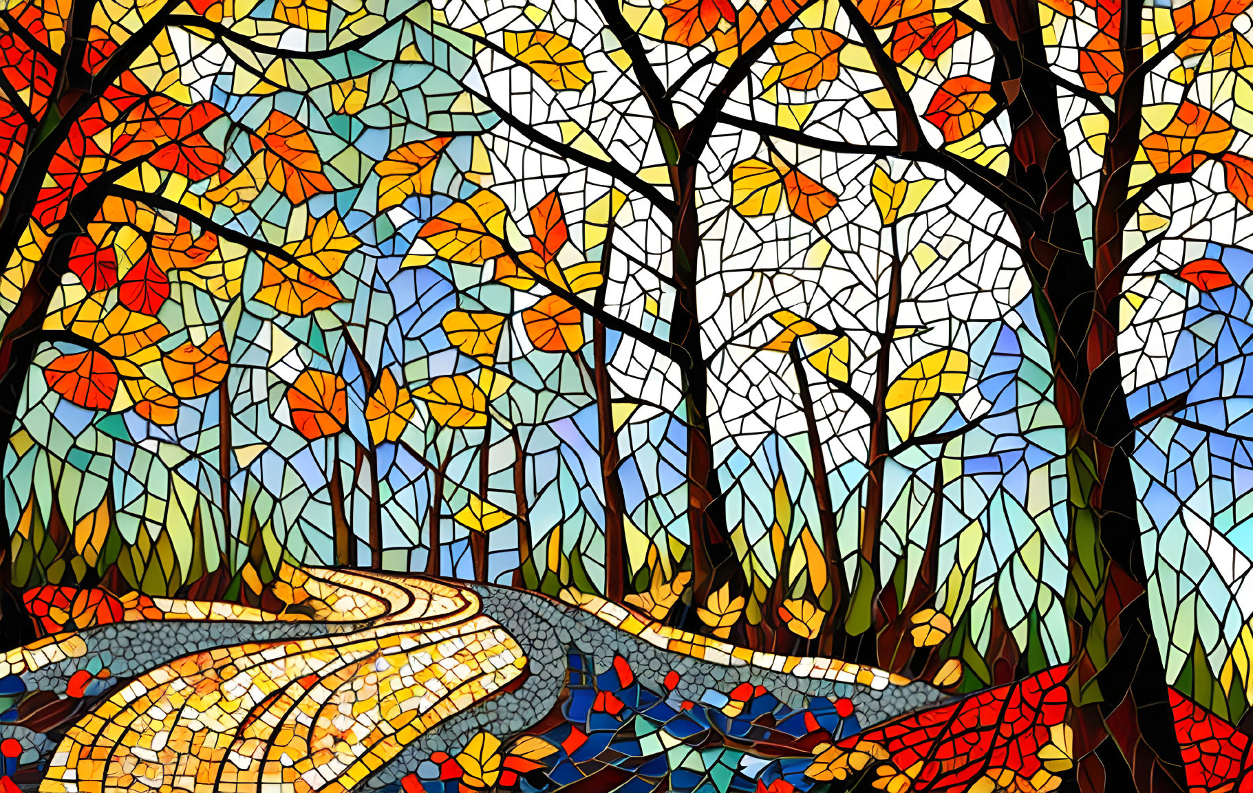 Colorful autumn forest stained glass-style illustration.