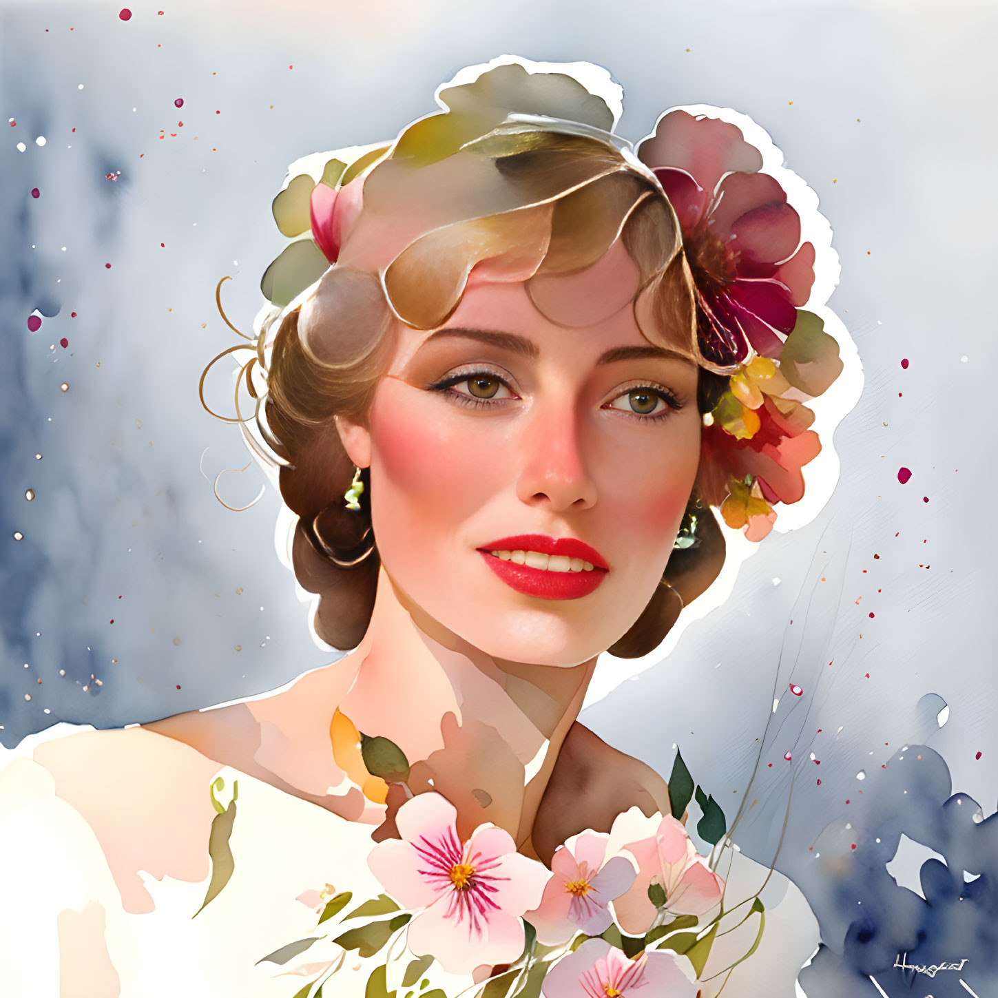 Stylized portrait of a woman with 1920s hairstyle and floral accents
