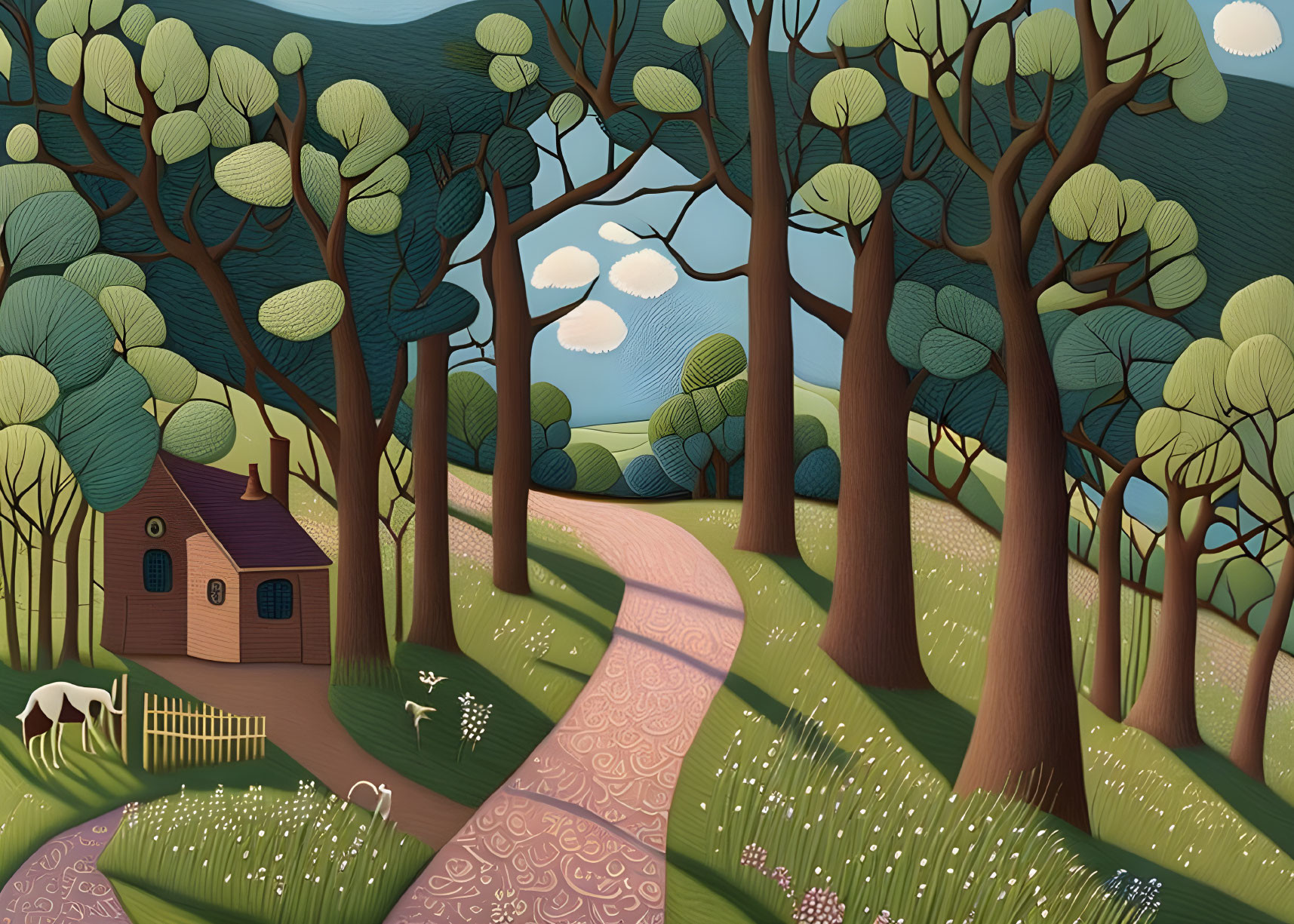 Serene forest scene with path, cottage, horse, and rounded trees