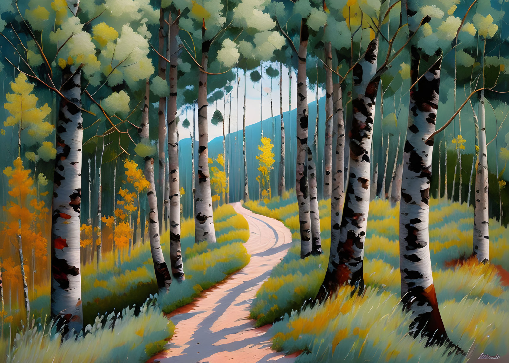 Tranquil forest path with birch trees, mountains, and clear sky