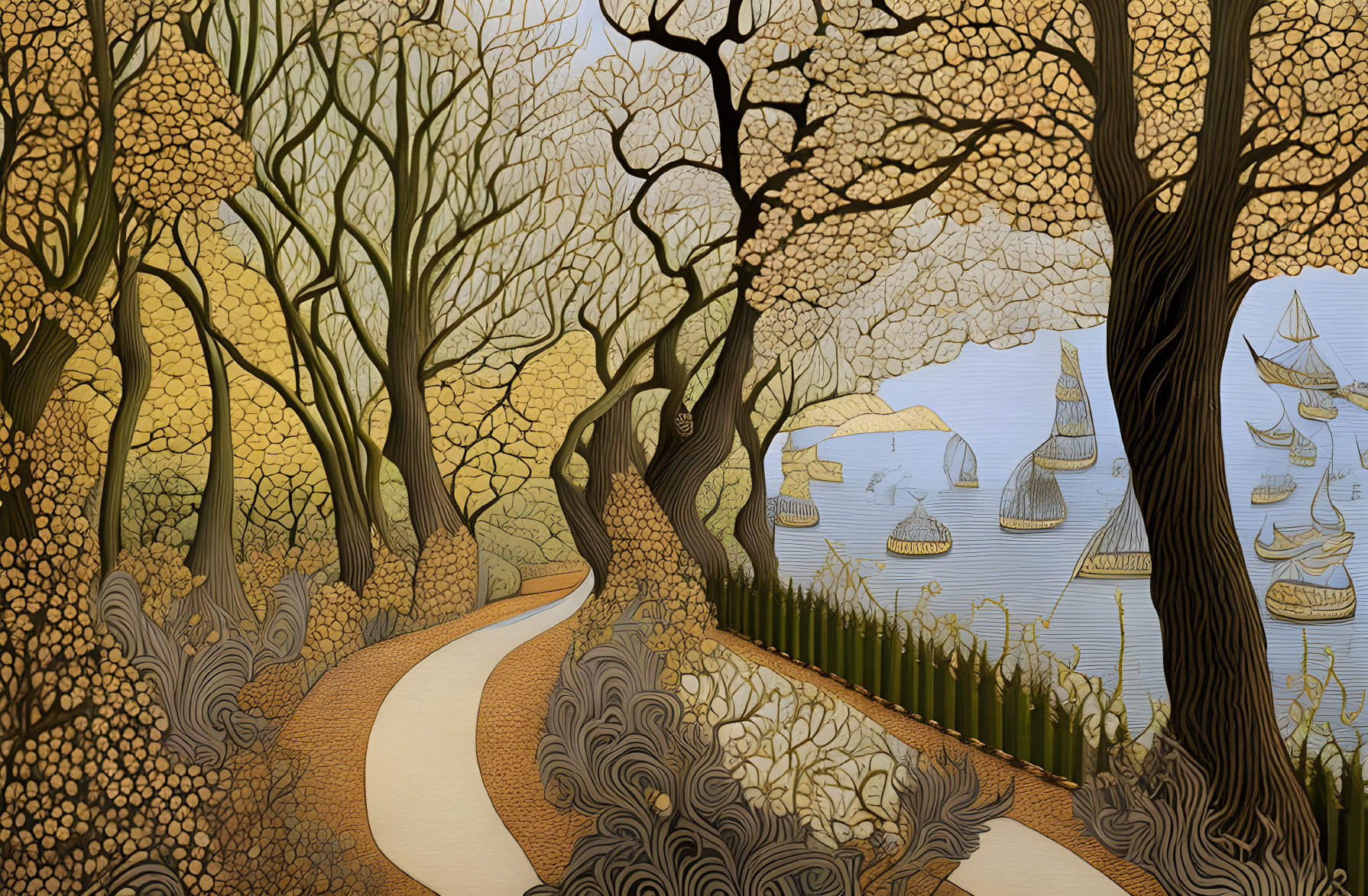 Stylized autumn landscape with winding path, golden trees, serene lake, sailboats, textured sky