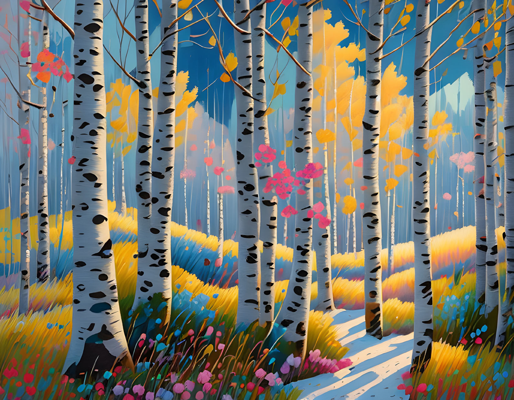 Colorful Birch Forest with Yellow Foliage and Pink Flowers Amid Blue Mountains