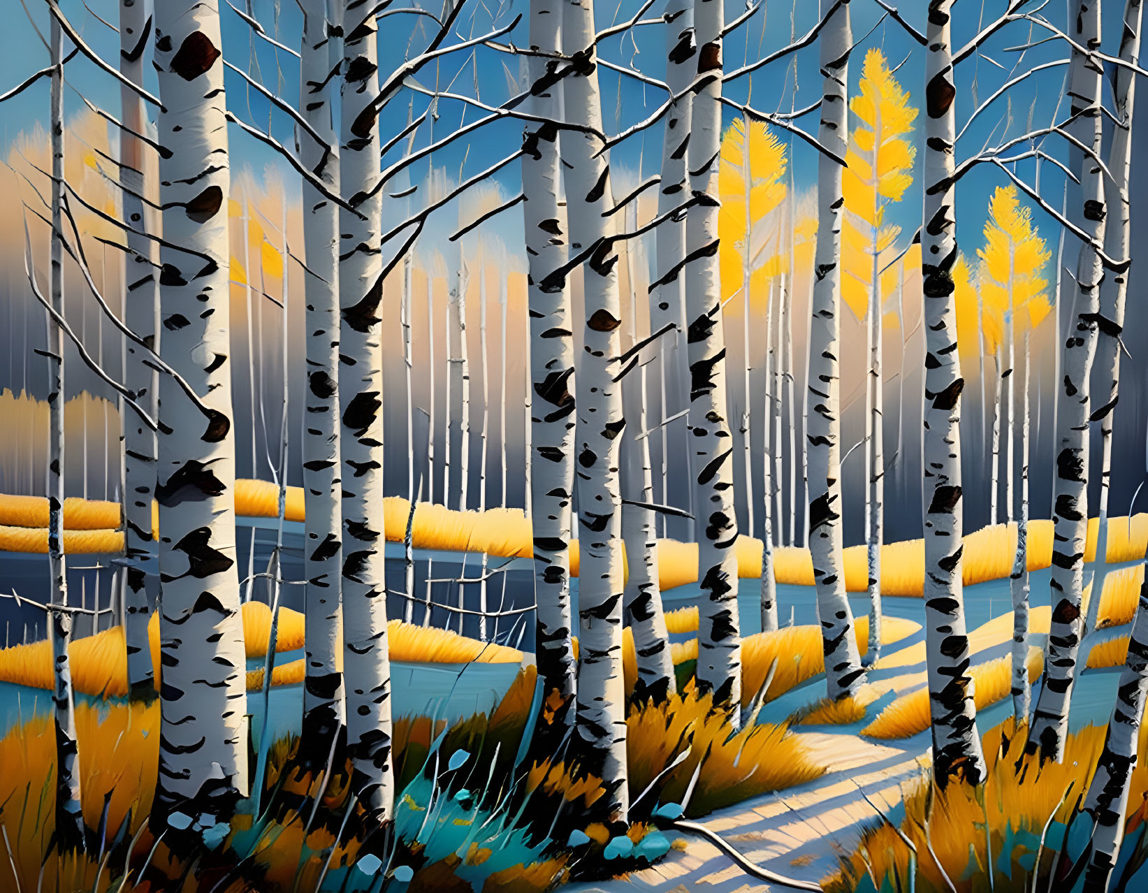 Colorful Birch Forest Painting with Yellow Leaves and Blue Skies