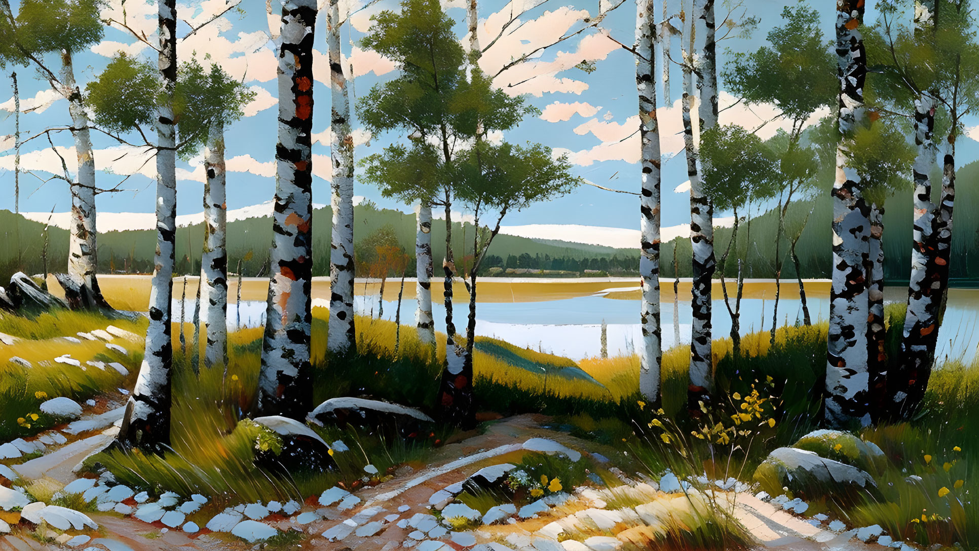 Tranquil landscape painting with birch trees, lake, sky, grass, and path