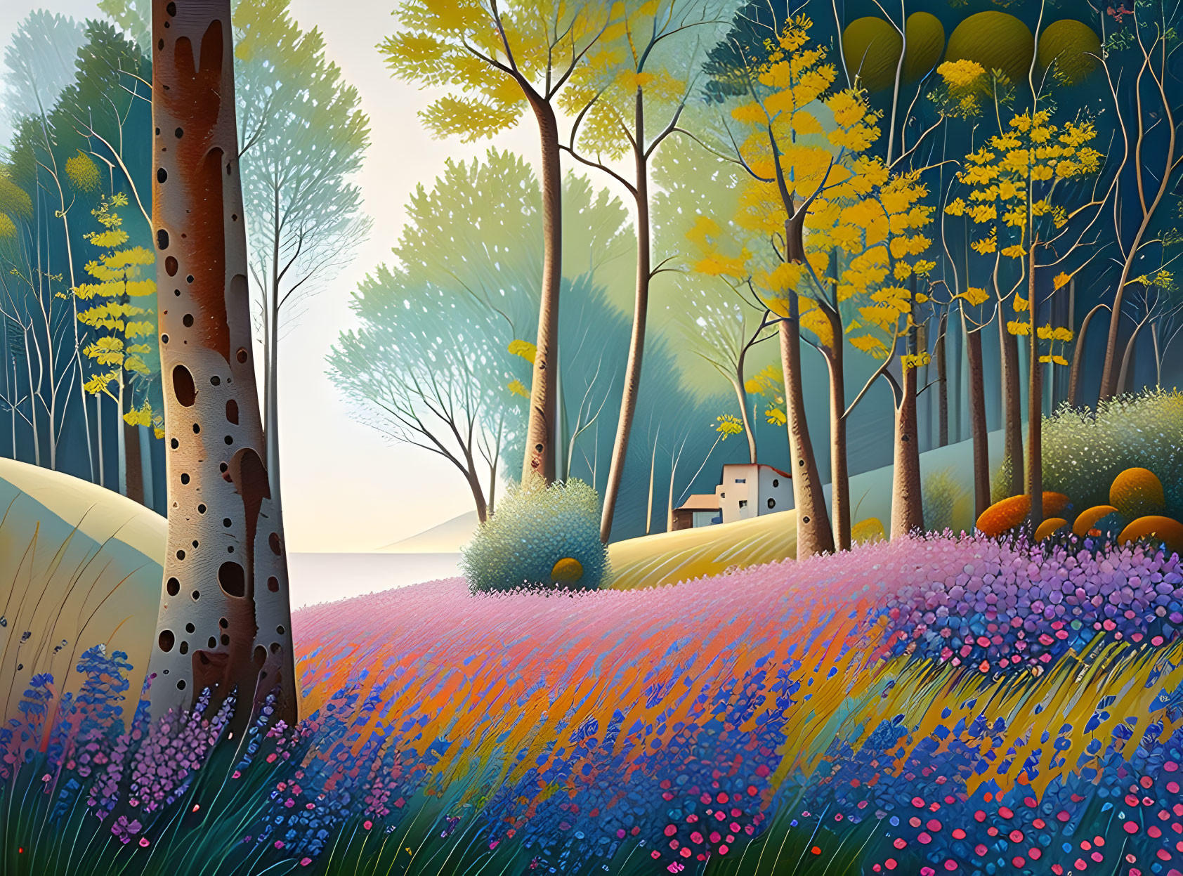 Colorful forest landscape with vibrant trees, purple flowers, and distant house
