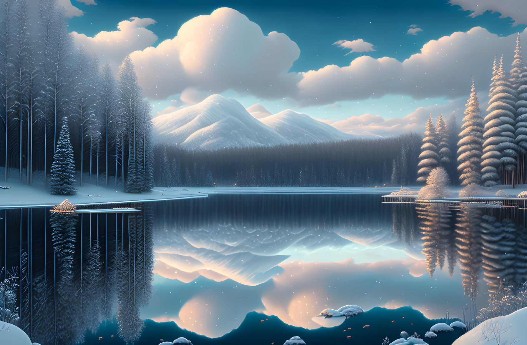Snowy Lake Reflecting Pine Trees and Mountains at Twilight