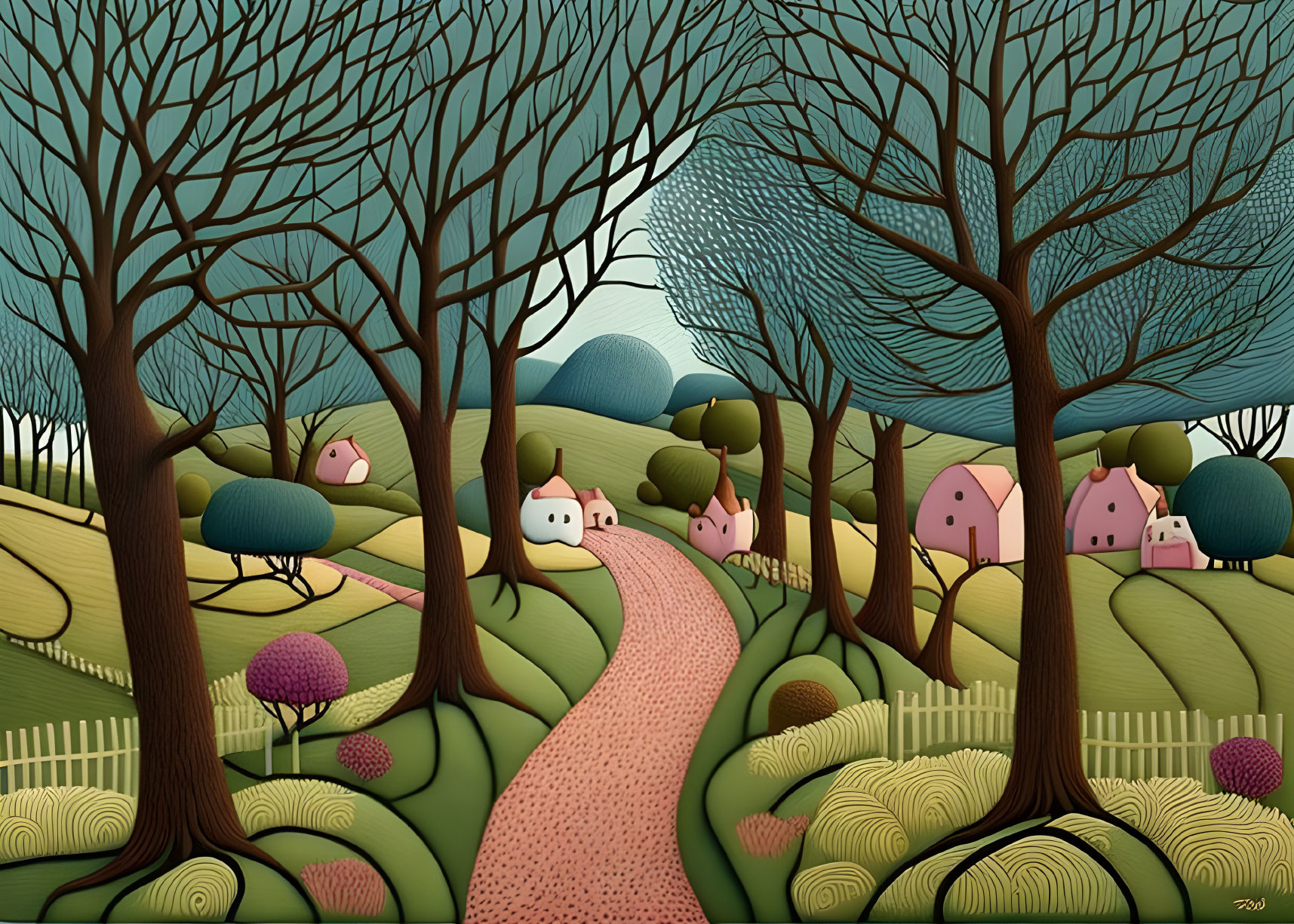 Whimsical countryside scene with stylized trees, winding path, rolling hills, and pastel-colored