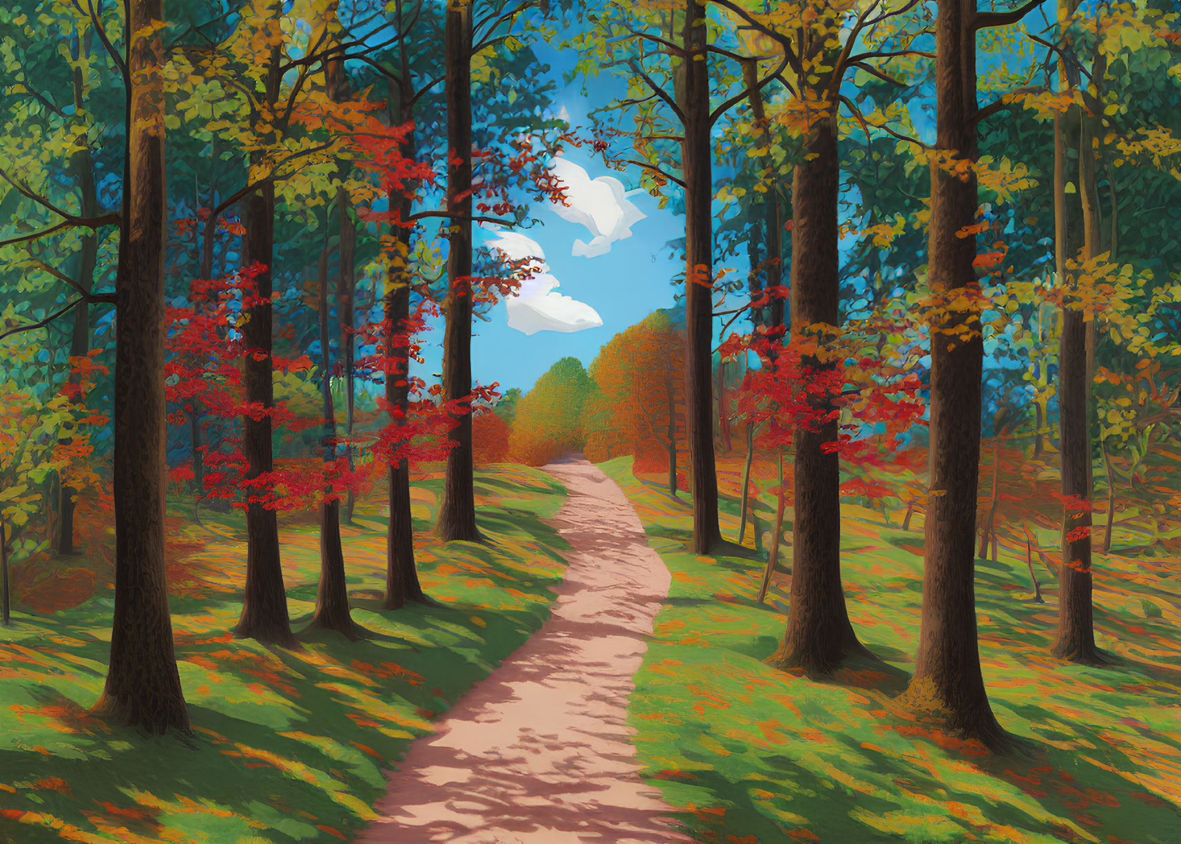 Scenic autumn forest path with vibrant foliage