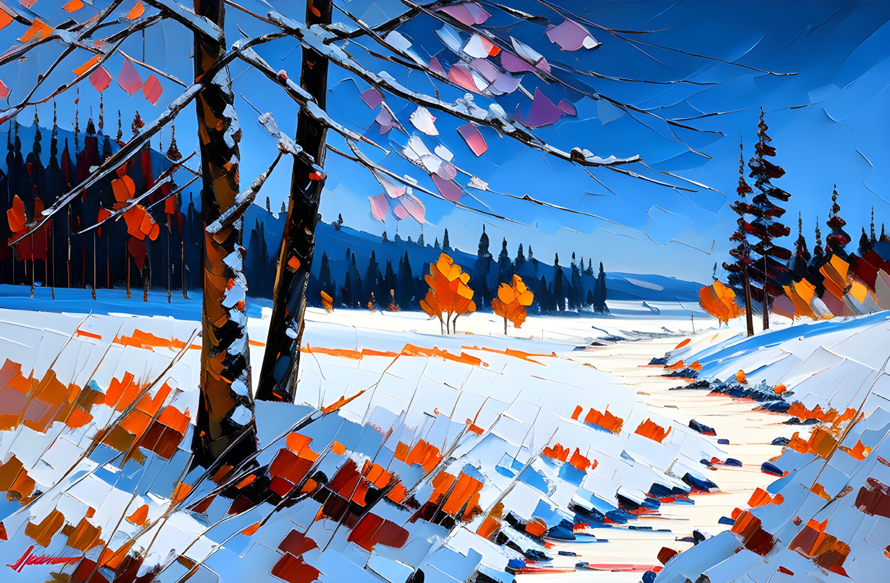 Stylized winter landscape painting with stark trees and orange foliage