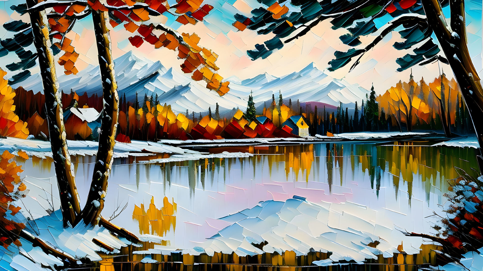Serene lakeside painting with autumn trees, cabin, and mountains