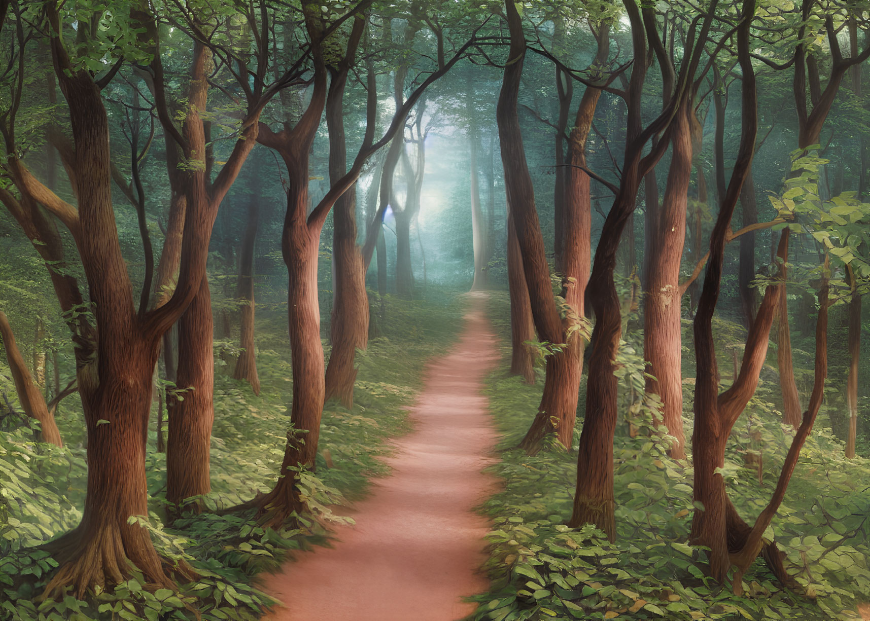 Misty forest path with tall trees and glowing foliage