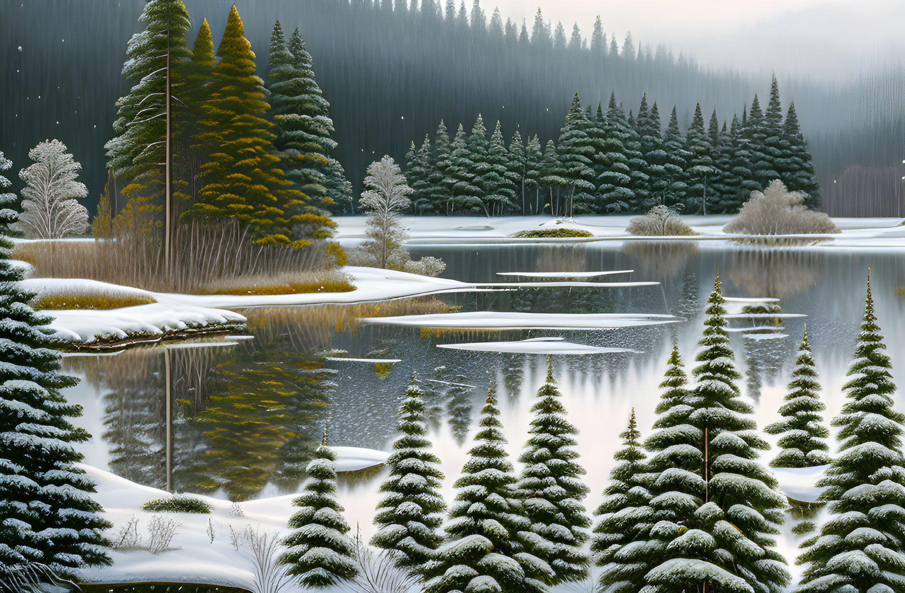 Snow-covered fir trees and frozen lake in serene winter landscape