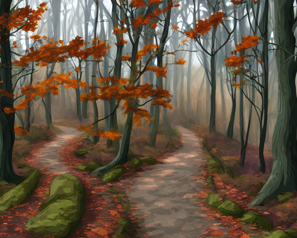 Scenic autumn forest path with orange leaves, fog, and moss-covered rocks