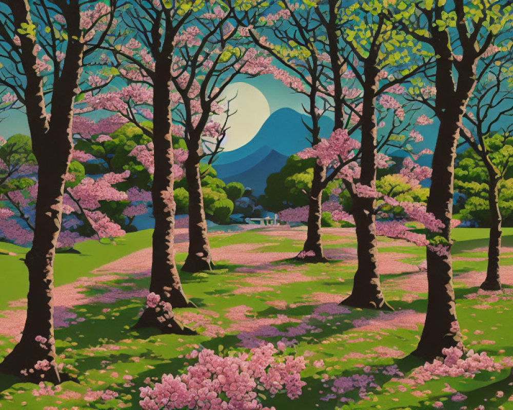 Vibrant cherry blossom park with pink trees, green grass, and blue mountain landscape