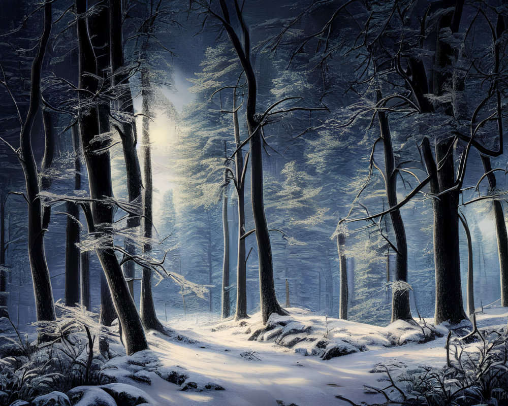 Snowy forest scene: tall trees, gentle glow, snow blanket
