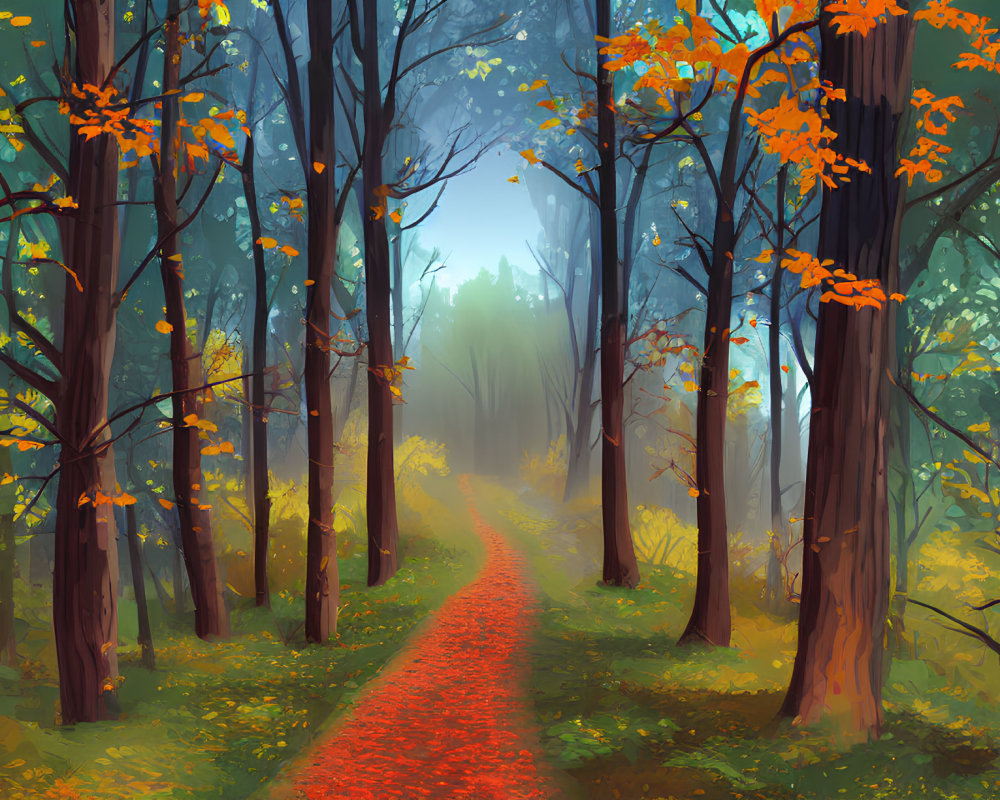 Tranquil Forest Path with Autumn Leaves and Misty Atmosphere