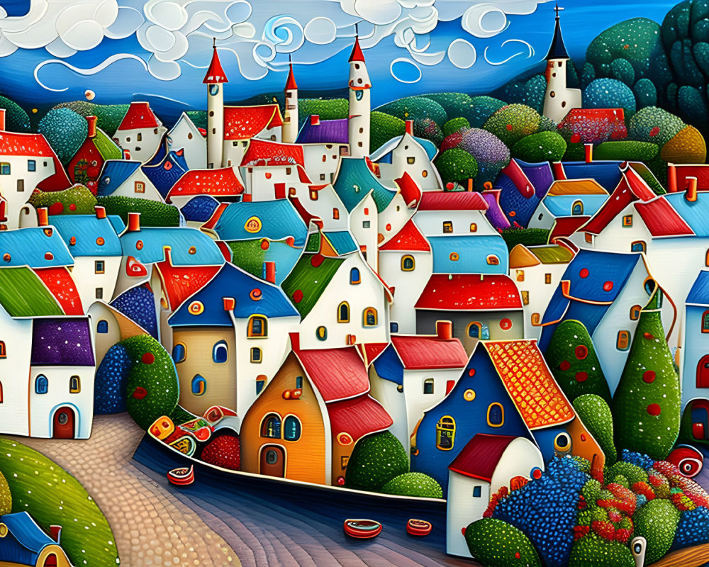 Colorful village illustration with whimsical architecture and lush hills under blue sky