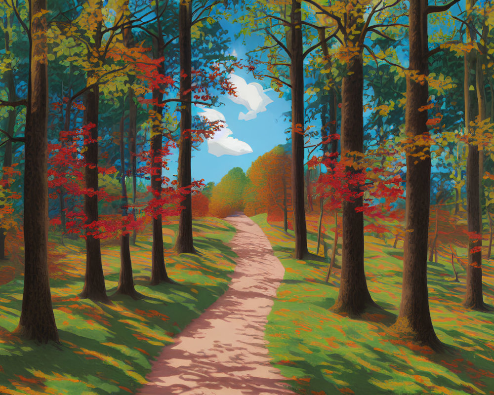 Scenic autumn forest path with vibrant foliage